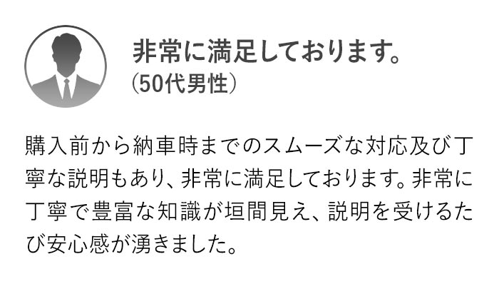 購入前から納車時までのスムーズな対応及び丁寧な説明もあり、非常に満足しております。非常に丁寧で豊富な知識が垣間見え、説明を受けるたび安心感が湧きました。